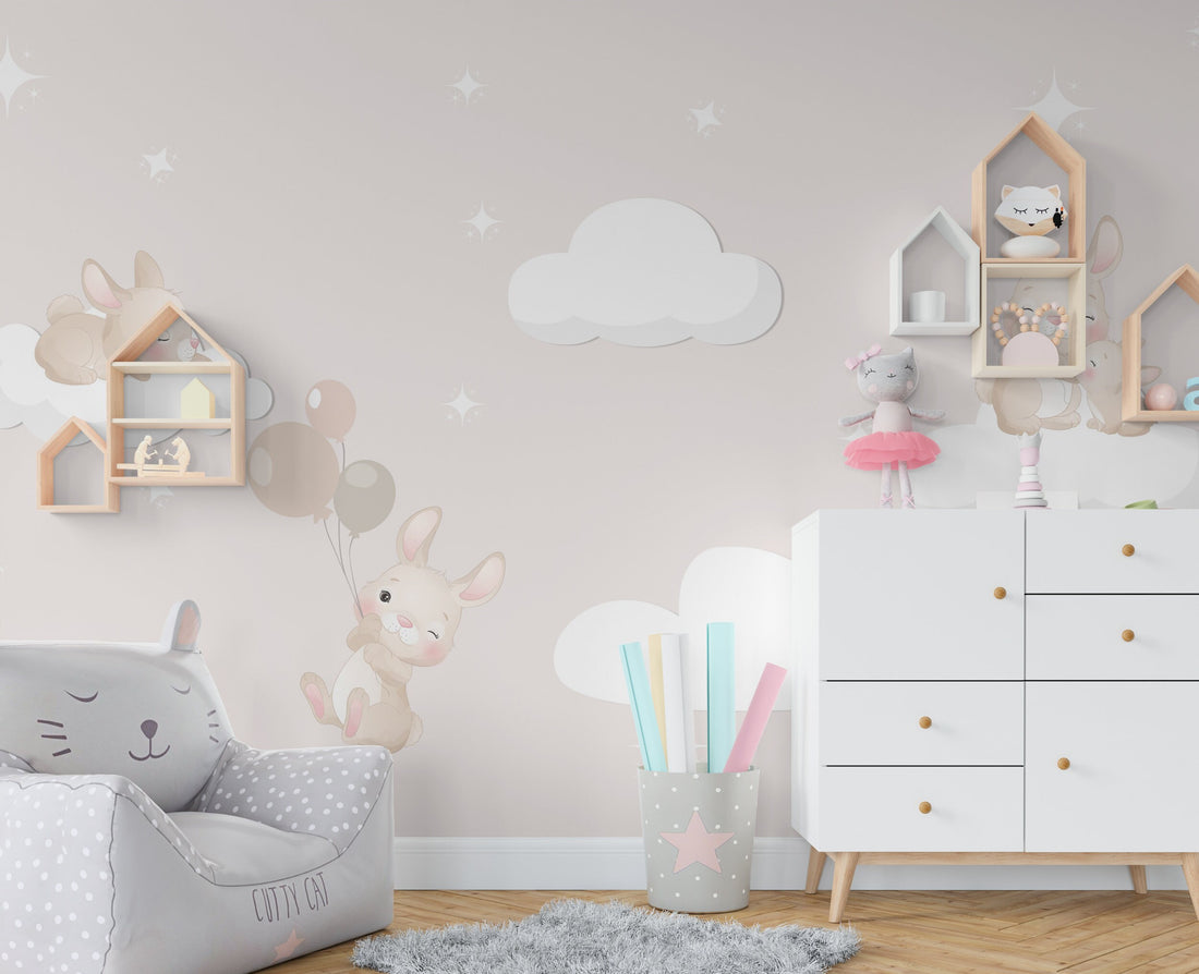 Cute Rabbits  Wallpaper ,Peel and Stick Mural ,Rabits on Clouds with Balloon Mural,  Nursery Wallpaper , Soft Colors Kids Room Wallpaper