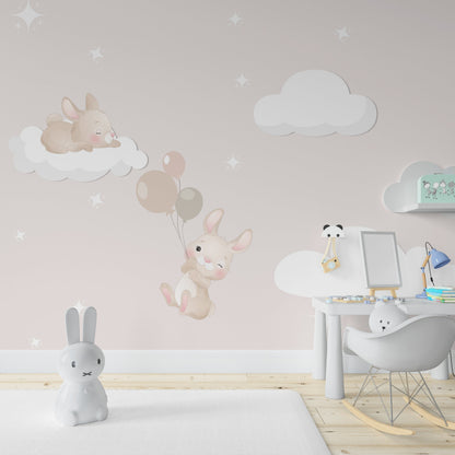 Cute Rabbits  Wallpaper ,Peel and Stick Mural ,Rabits on Clouds with Balloon Mural,  Nursery Wallpaper , Soft Colors Kids Room Wallpaper