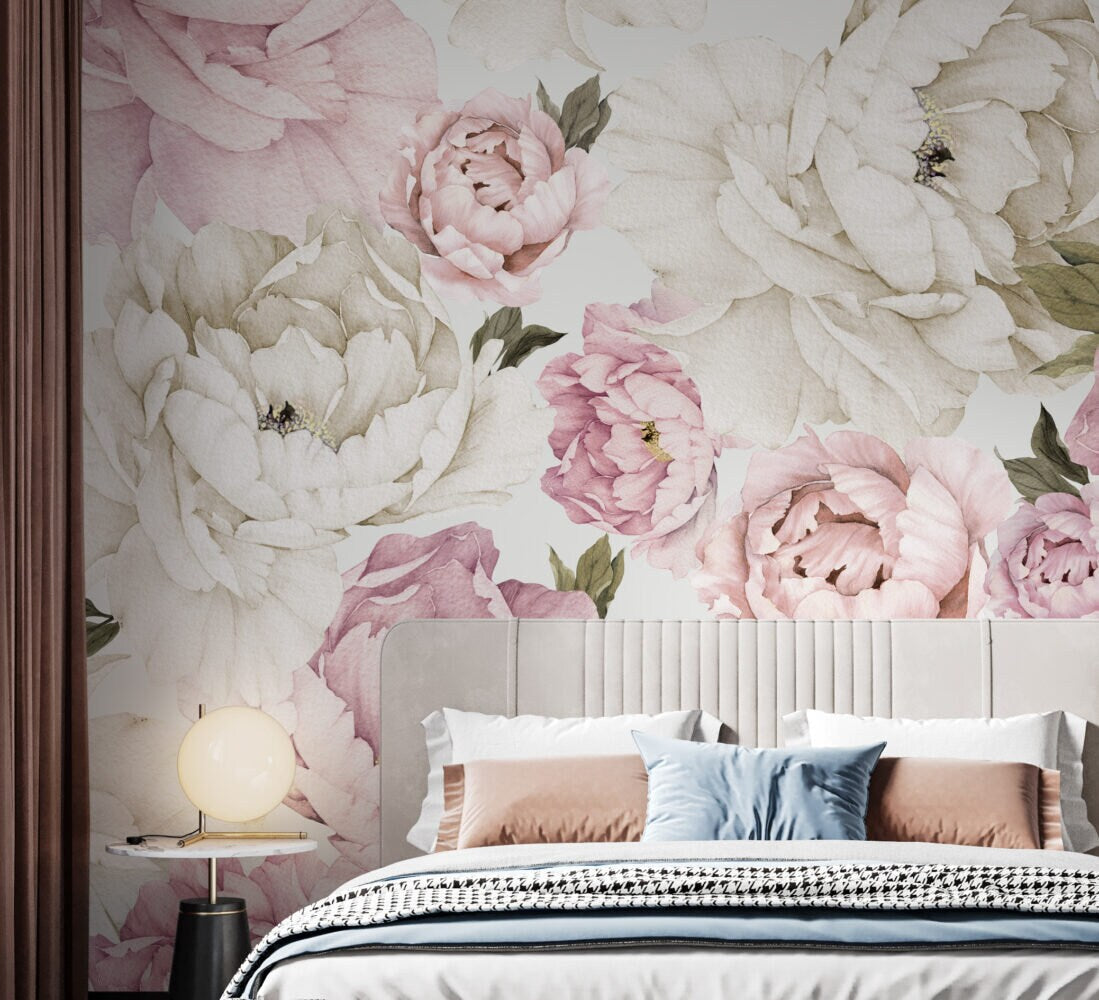 Peony flowers and Pink Roses  Wallpaper, Romantic  Wall Decor , Peel And Stick, Botanical Mural, Large Peony Wallpaper , Paster Tones Mural