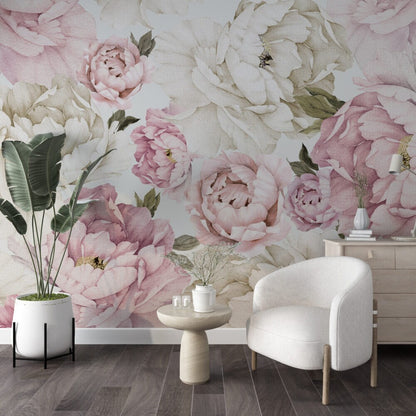 Peony flowers and Pink Roses  Wallpaper, Romantic  Wall Decor , Peel And Stick, Botanical Mural, Large Peony Wallpaper , Paster Tones Mural