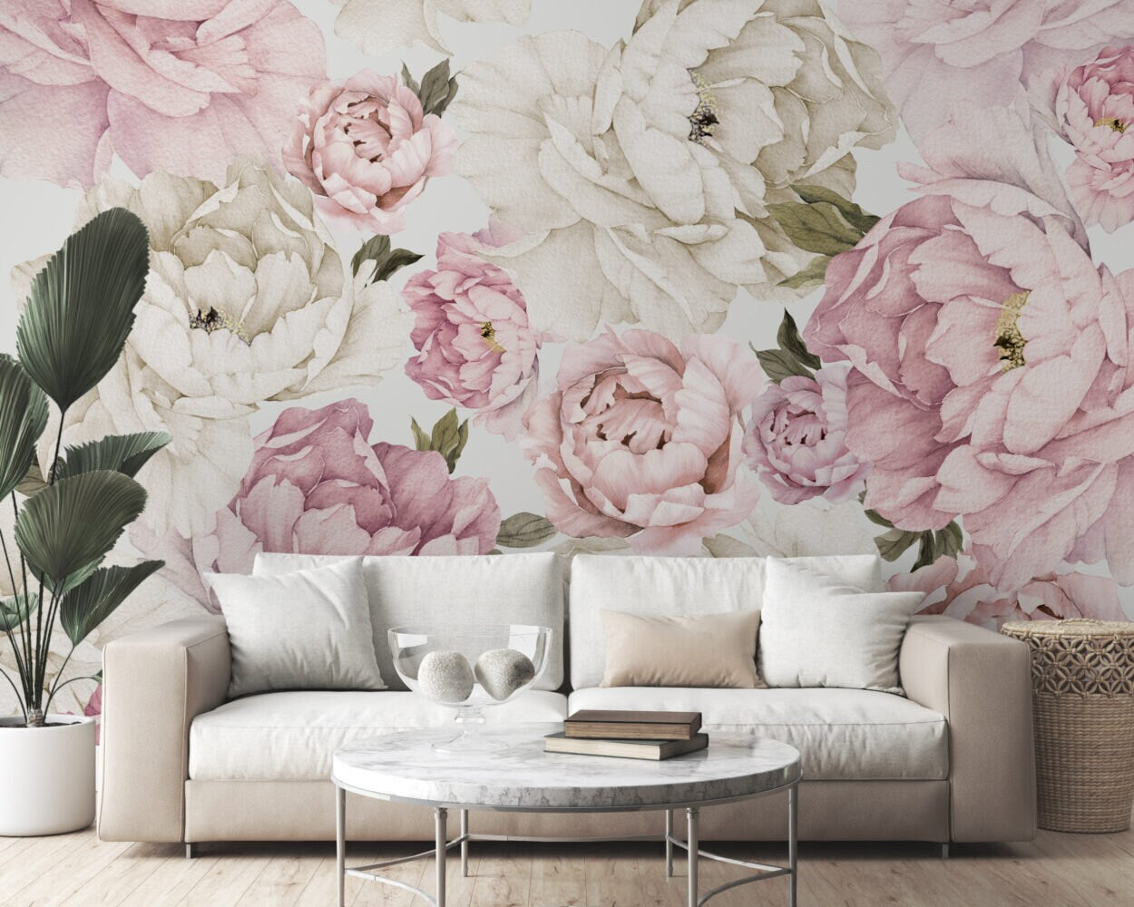 Peony flowers and Pink Roses  Wallpaper, Romantic  Wall Decor , Peel And Stick, Botanical Mural, Large Peony Wallpaper , Paster Tones Mural