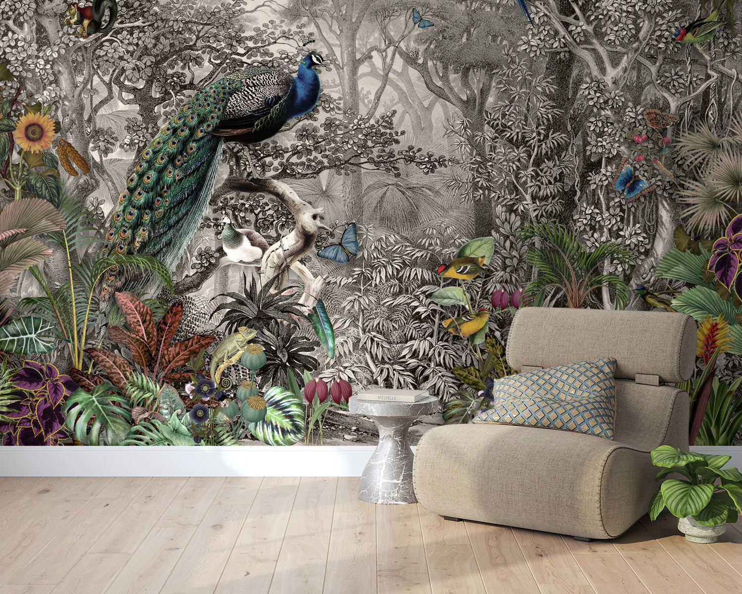 Peacock Birds on a Tree Branch Wallpaper, Home Decor Mural , Chinoiserie Flowers and Birds Wallpaper, Peel and Stick, Peacock Wallpaper