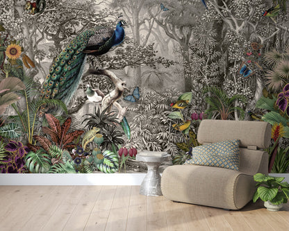 Peacock Birds on a Tree Branch Wallpaper, Home Decor Mural , Chinoiserie Flowers and Birds Wallpaper, Peel and Stick, Peacock Wallpaper