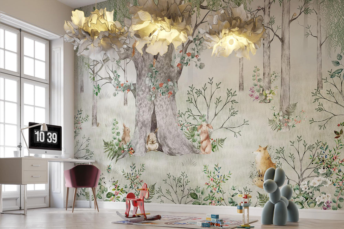 Kids Room Animals Wall Mural, Big Tree Wallpaper, Baby Room Peel and Stick, Nursery Room Decor, Removable Wallpaper