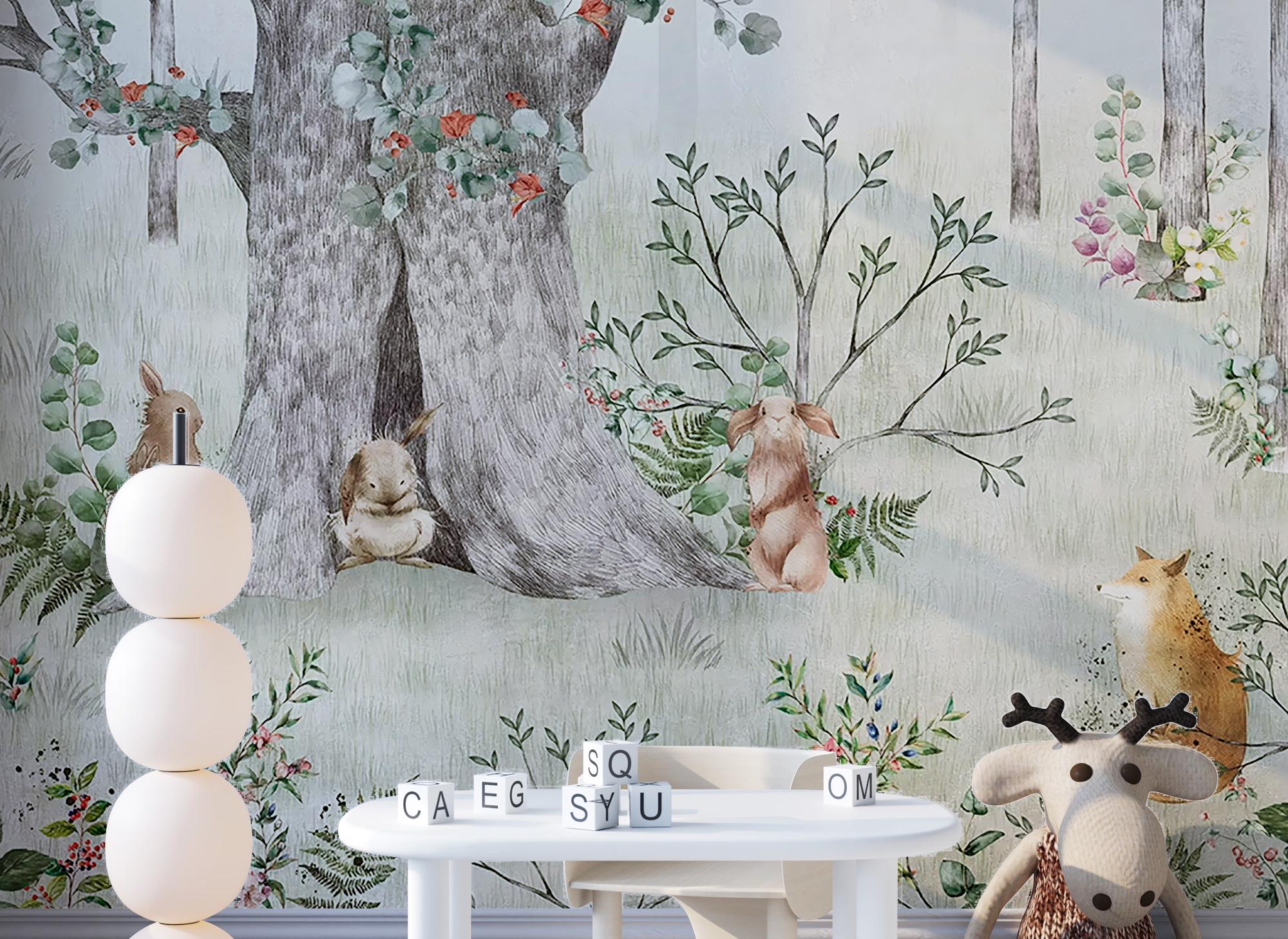 Kids Room Animals Wall Mural, Big Tree Wallpaper, Baby Room Peel and Stick, Nursery Room Decor, Removable Wallpaper