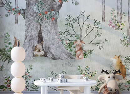 Kids Room Animals Wall Mural, Big Tree Wallpaper, Baby Room Peel and Stick, Nursery Room Decor, Removable Wallpaper