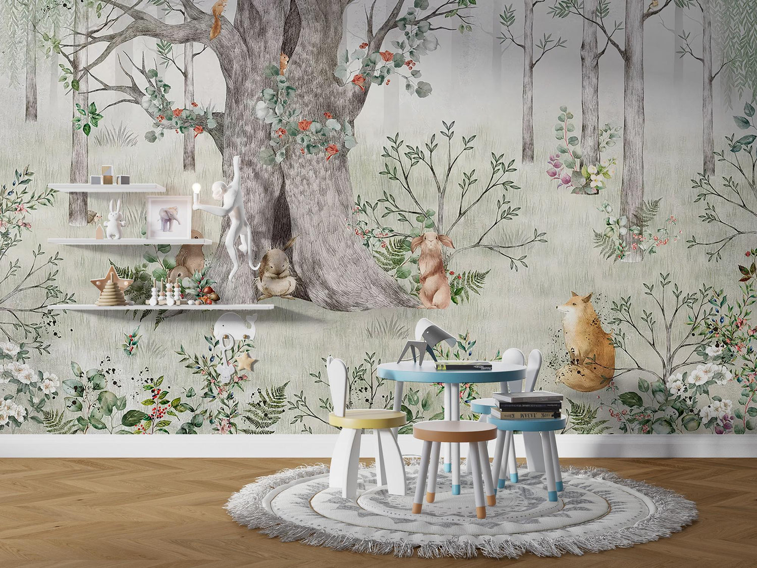 Kids Room Animals Wall Mural, Big Tree Wallpaper, Baby Room Peel and Stick, Nursery Room Decor, Removable Wallpaper