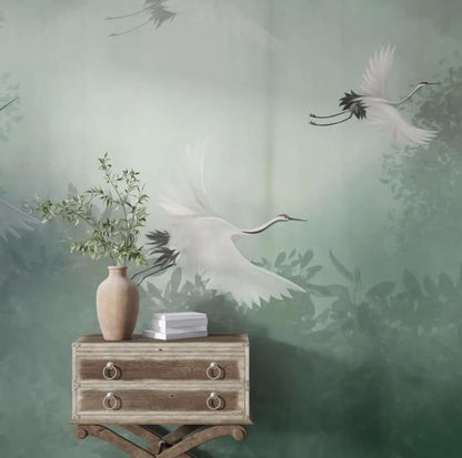 Chinoiseries Crane Wall Mural, Green Heron Wallpaper, Removable Wallpaper, Home Decor, Peel And Stick White Bird Wallpaper