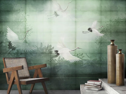 Chinoiseries Crane Wall Mural, Green Heron Wallpaper, Removable Wallpaper, Home Decor, Peel And Stick White Bird Wallpaper