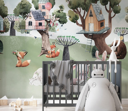 Cute Animals Forest Houses Wallpaper, Peel and Stick Mural , Cute Jungel Houses, Tree Houses Mural, Kids Room Wallpaper, Watercolor Mural