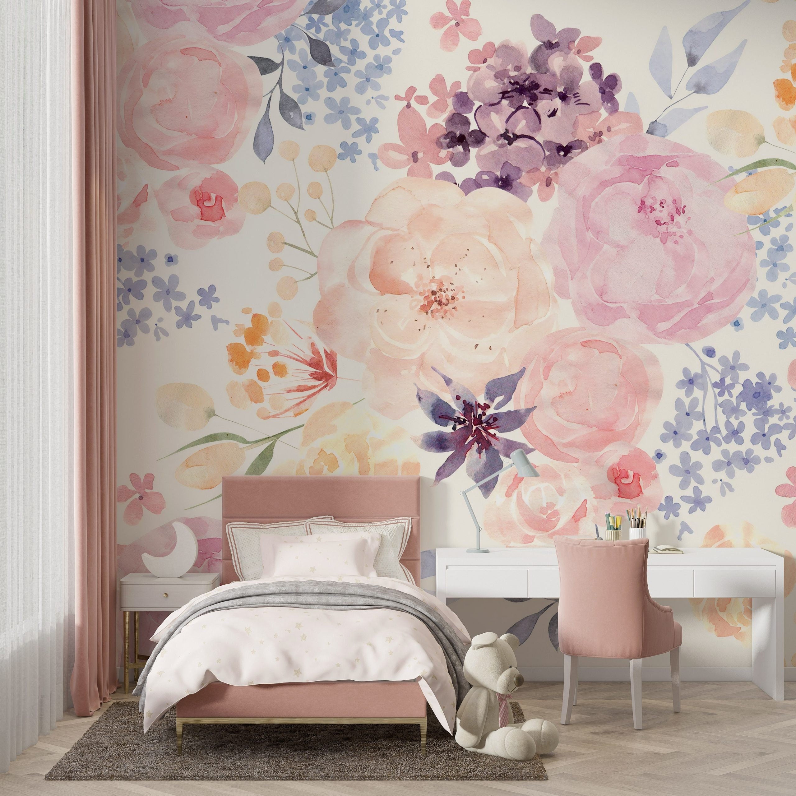 Rose Patterned Wallpaper in Pastel Colors, Peel and stick Wallpaper, Flower Bouquet Wallpaper, Watercolour Colourful Flowers Wallpaper