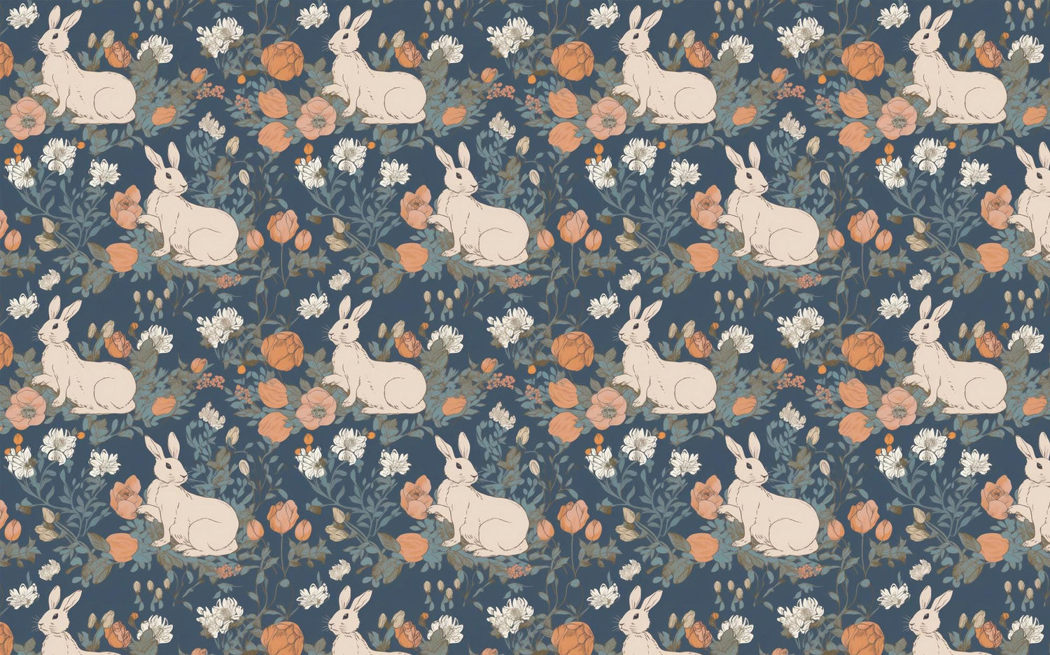 Rabbit Pattern Wallpaper, Removable Wallpaper, Peel and Stick Wallpaper, Blue Backround Floral Wall Mural, Nursery Room Decor