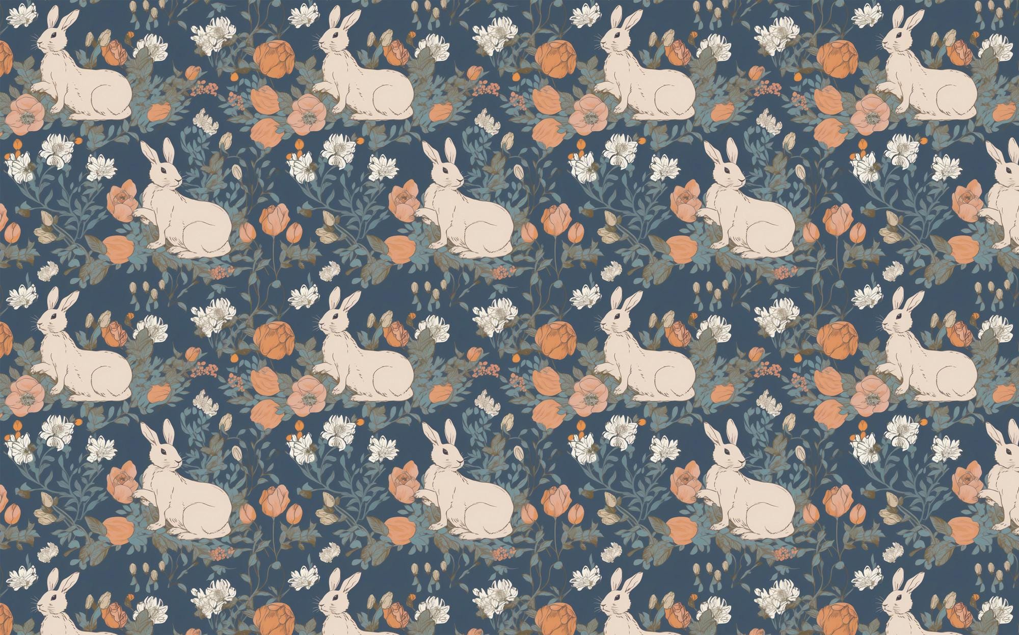 Rabbit Pattern Wallpaper, Removable Wallpaper, Peel and Stick Wallpaper, Blue Backround Floral Wall Mural, Nursery Room Decor