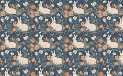 Rabbit Pattern Wallpaper, Removable Wallpaper, Peel and Stick Wallpaper, Blue Backround Floral Wall Mural, Nursery Room Decor