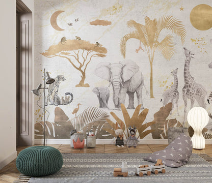 Safari Wallpaper With Golden Lines, Nursery Mural, Peel and Stick Mural, Safari Animals Mural, Gold Tones Mural, Wild Animals Mural