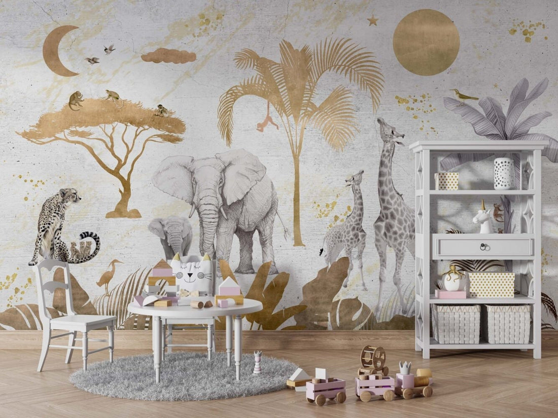 Safari Wallpaper With Golden Lines, Nursery Mural, Peel and Stick Mural, Safari Animals Mural, Gold Tones Mural, Wild Animals Mural