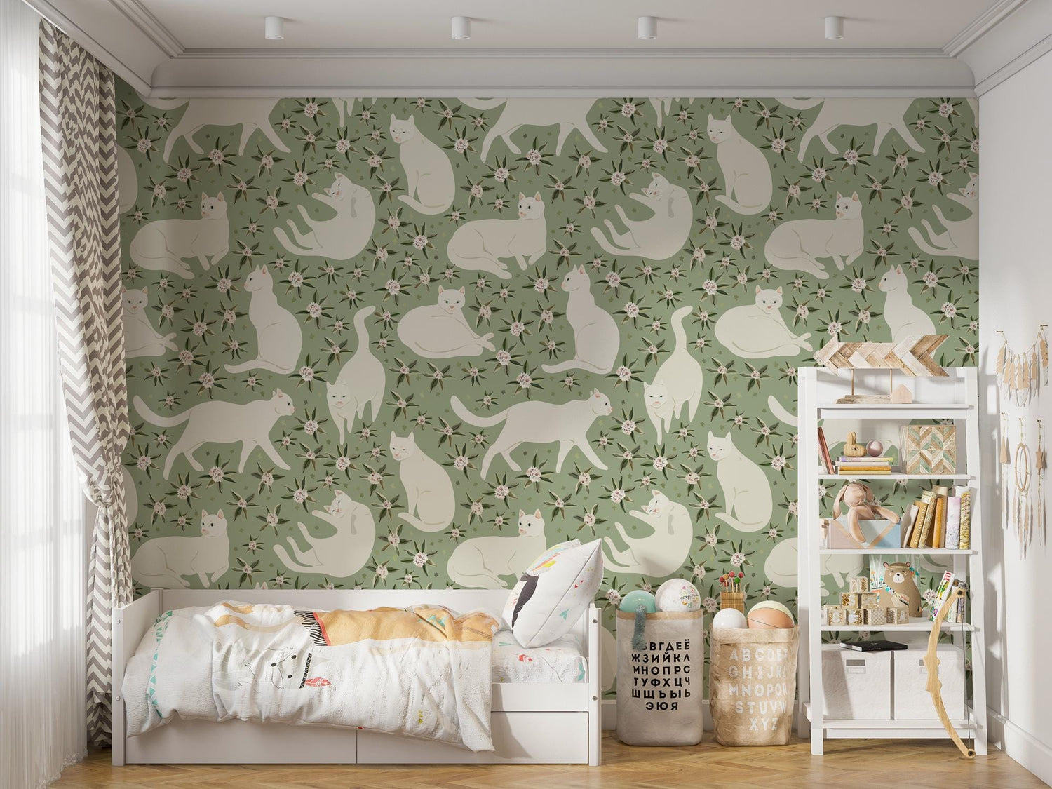 Wallpaper Cats on the Green, Cute Cat Wall Mural, Nursery Room Decor, Peel and Stick Wallpaper, Kids Wallpaper, Baby Room Wallpaper