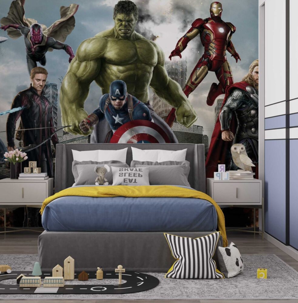 Super Heroes and Hulk Wallpaper , Avengers Wallpaper, Marvel Mural For Boy Kids Room , Nursery Mural, Peel and Stick Mural, Play Room Mural