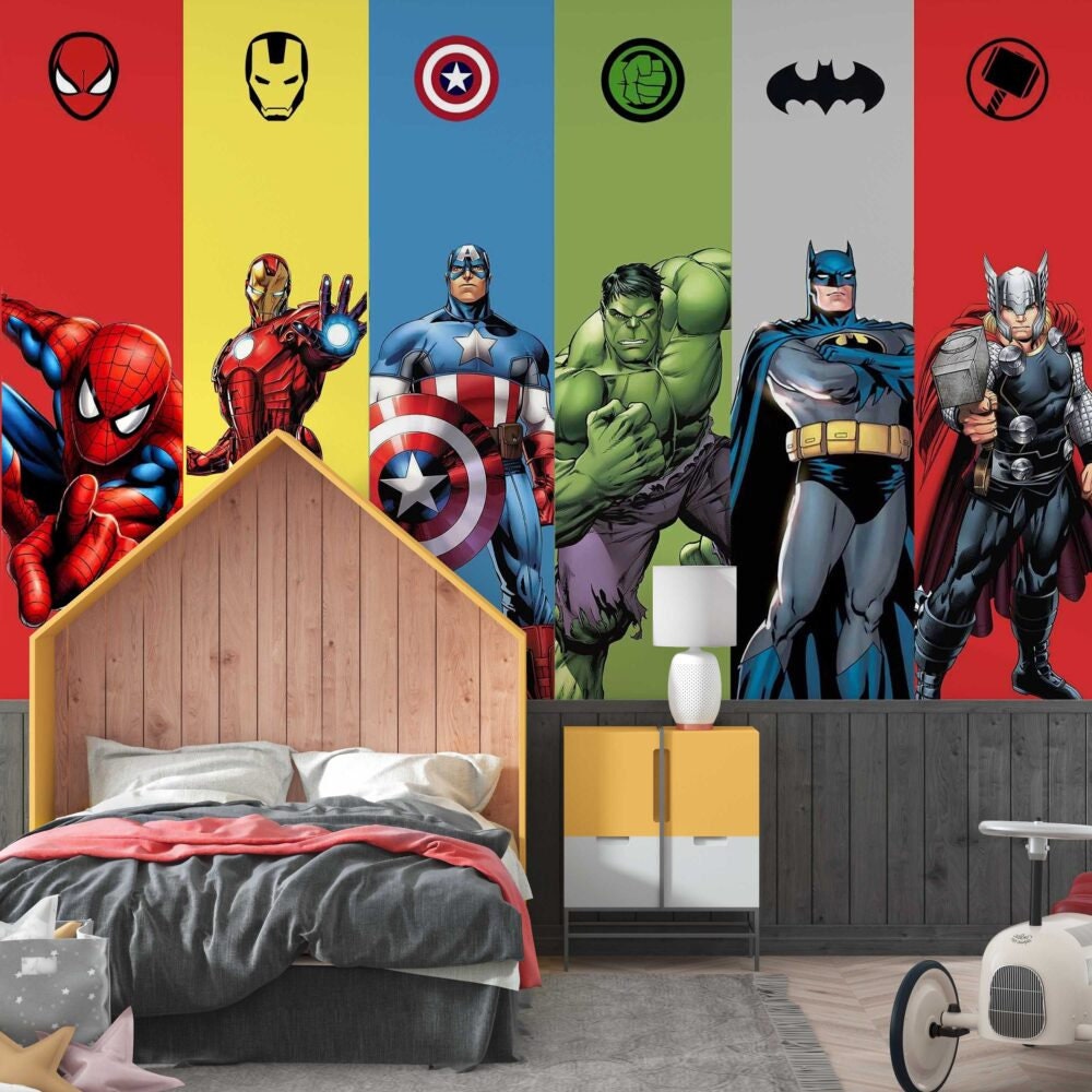 Super Heroes Wallpaper ,Avengers Wallpaper, Marvel Mural For Boy Kids Room , Avengers Stars, Peel and Stick Mural, Play Room For Boy Mural