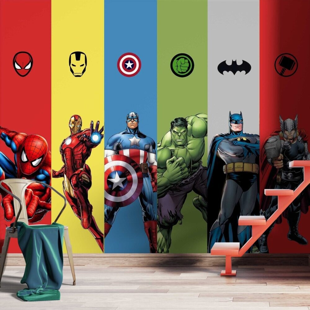 Super Heroes Wallpaper ,Avengers Wallpaper, Marvel Mural For Boy Kids Room , Avengers Stars, Peel and Stick Mural, Play Room For Boy Mural