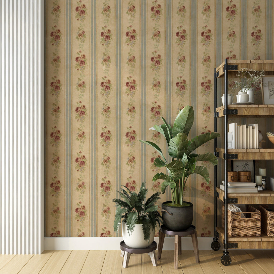 French Style Stripe Wallpaper, Flowers and Lineas Wallpaper, Pattern Wallpaper, Vintage Style Mural, Peel and Stick, Victorian Floral Mural