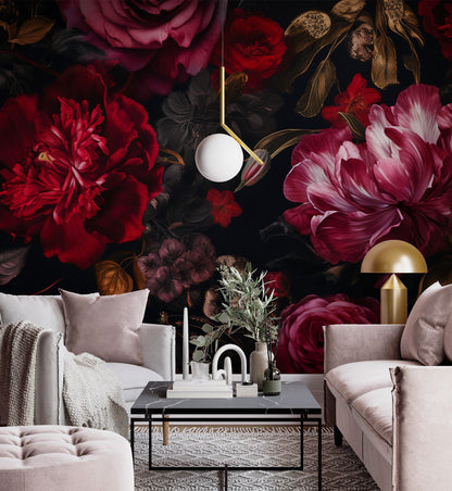 Dark Floral Wallpaper,  Peel &amp; stick Wallpaper, Big Red Roses Wall Mural, Living Room Mural,  For Bedroom Wallpaper, Peony and Roses Mural