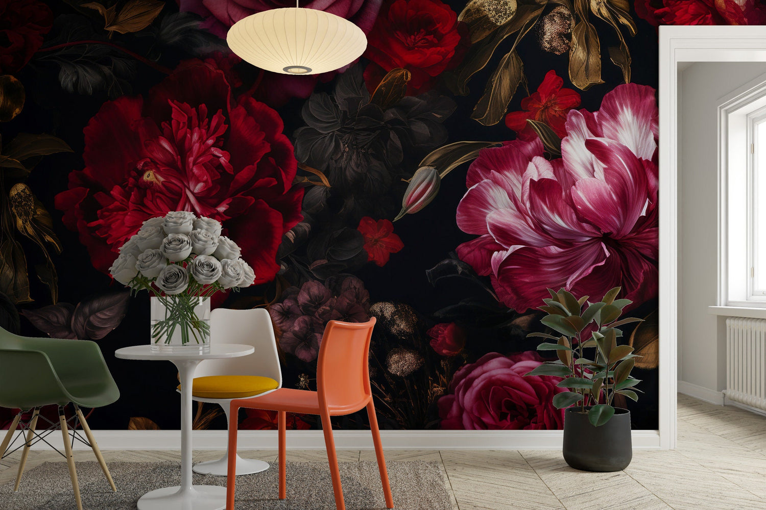 Dark Floral Wallpaper,  Peel &amp; stick Wallpaper, Big Red Roses Wall Mural, Living Room Mural,  For Bedroom Wallpaper, Peony and Roses Mural