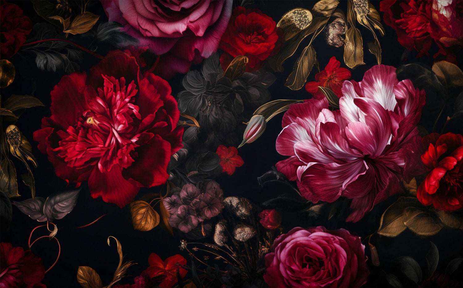 Dark Floral Wallpaper,  Peel &amp; stick Wallpaper, Big Red Roses Wall Mural, Living Room Mural,  For Bedroom Wallpaper, Peony and Roses Mural