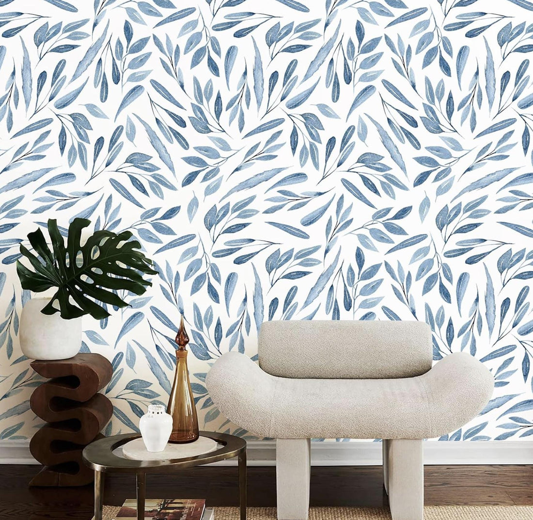 Seamless Floral Pattern Wallpaper, Watercolor Navy Blue Branches Wall Mural, Peel And Stick, Living Room Decor, Removable Wallpaper