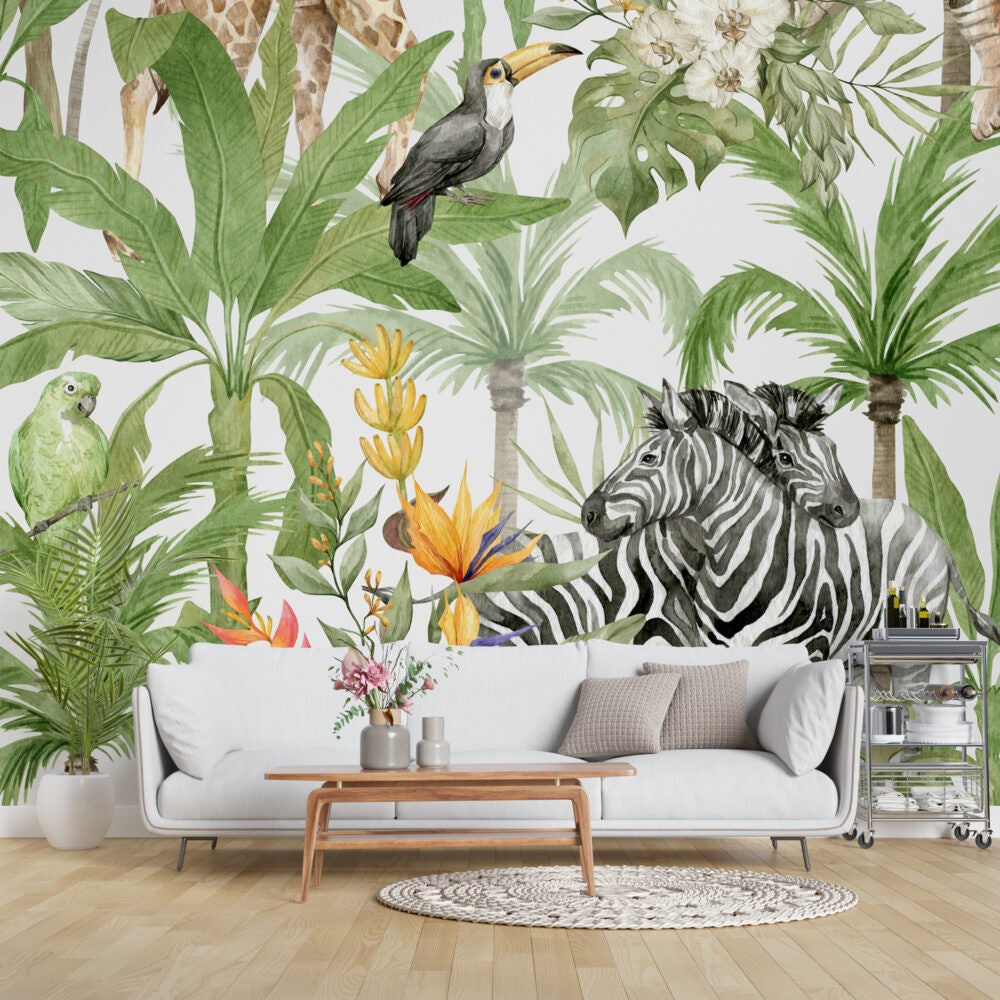 Tropical Jungle Animals Wallpaper, Peel and Stick Wallpaper, Self Adhesive Wall Mural, Wild Animals Mural, Wild Animals In Tropical Jungle