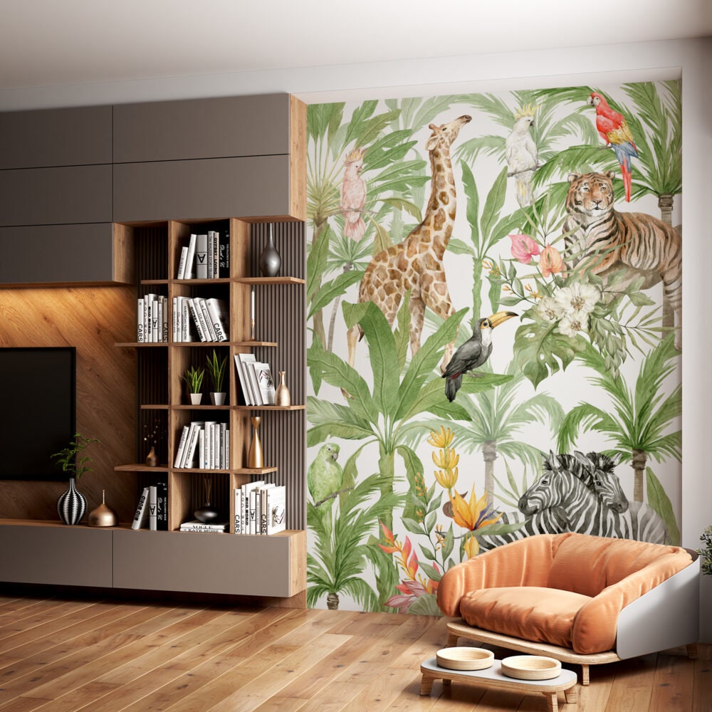 Tropical Jungle Animals Wallpaper, Peel and Stick Wallpaper, Self Adhesive Wall Mural, Wild Animals Mural, Wild Animals In Tropical Jungle