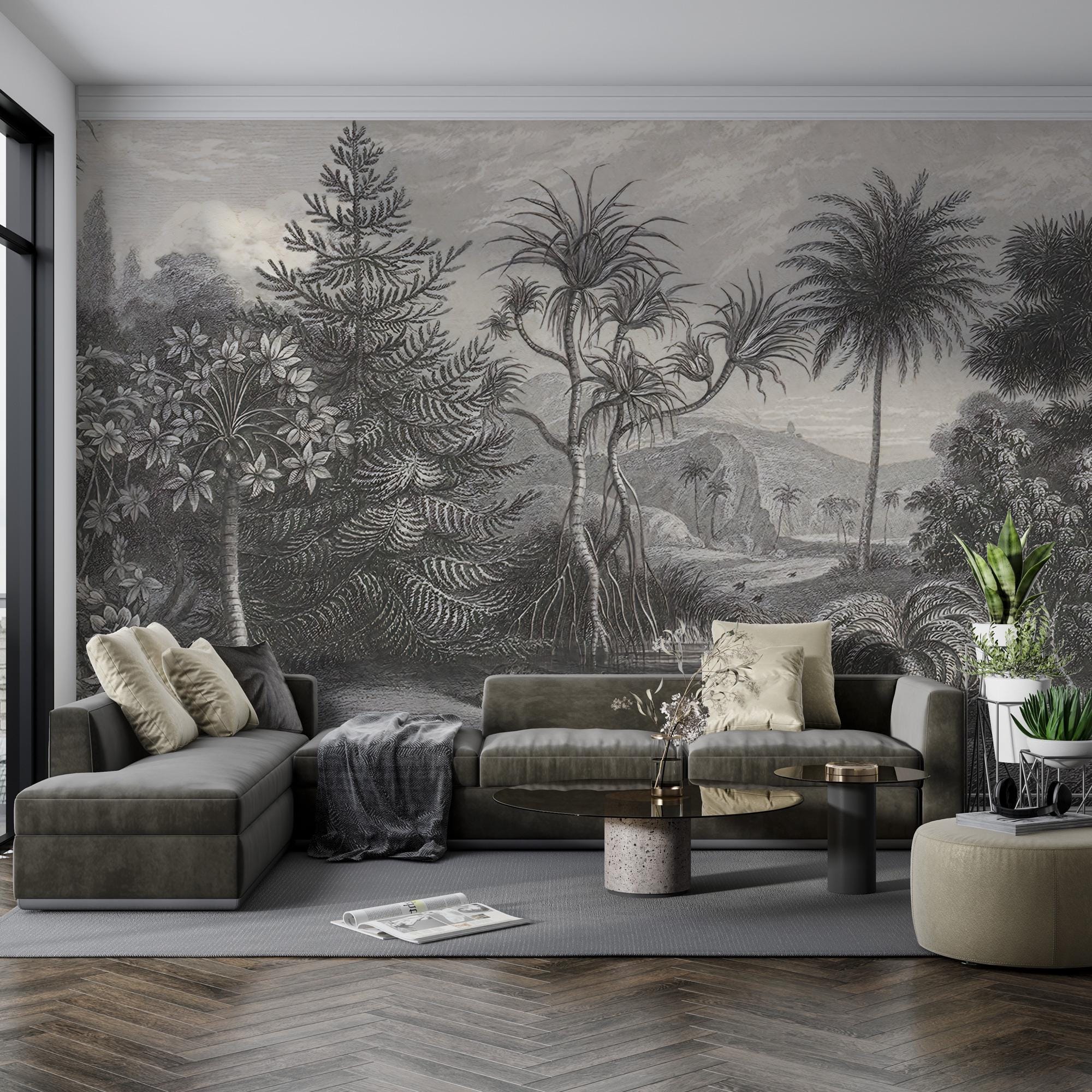 Black and White Landscape Wall Mural, Tropical Jungle Wallpaper, Self-adhesive, Removable, Forest  Peel &amp; Stick Wall Mural, Home Decor