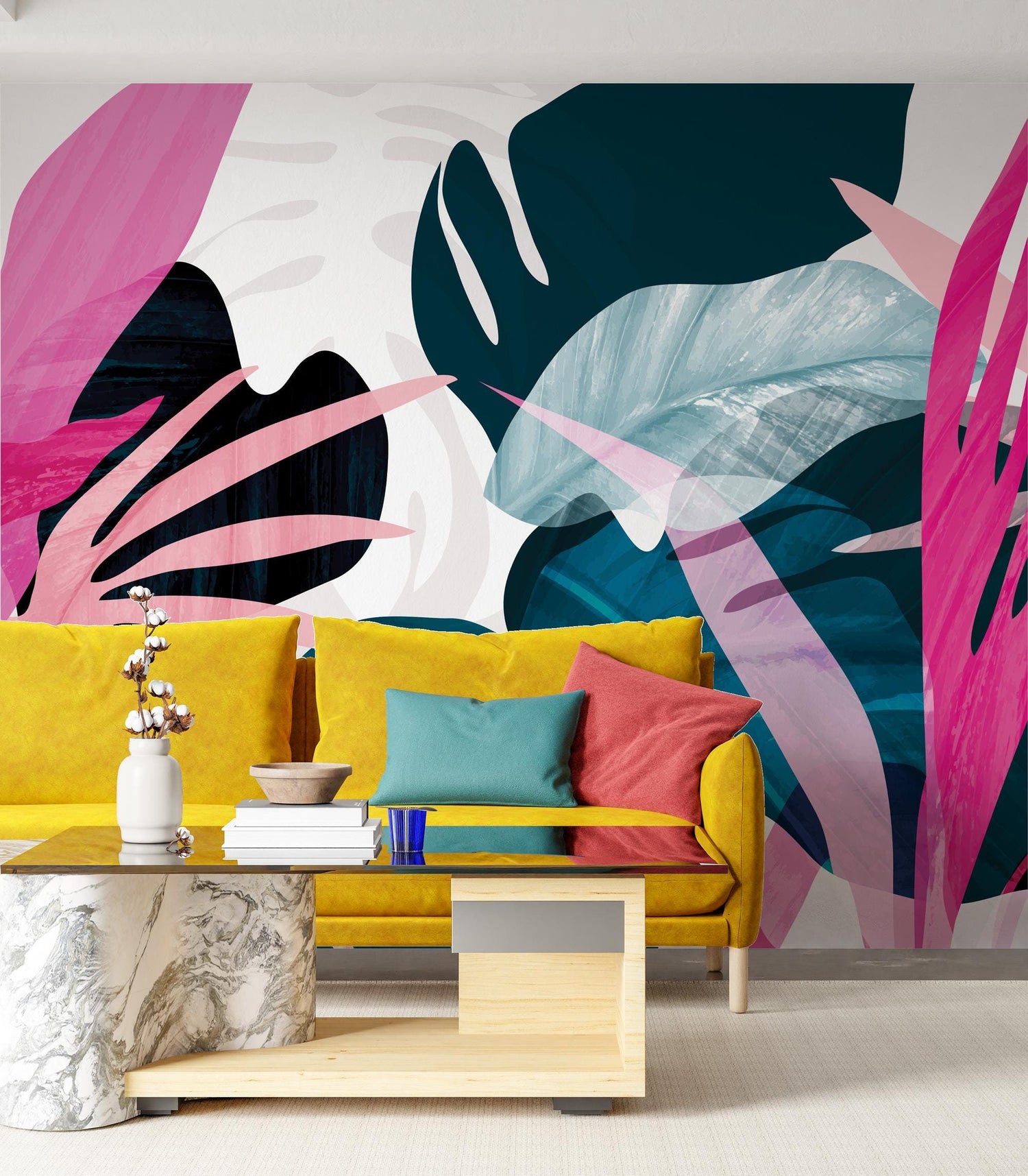 Tropical Leaves Wallpaper, Peel and Stick Mural, Home Decor, Pink Leaf Wall Mural, Removable Wallpaper, Wall Art Mural