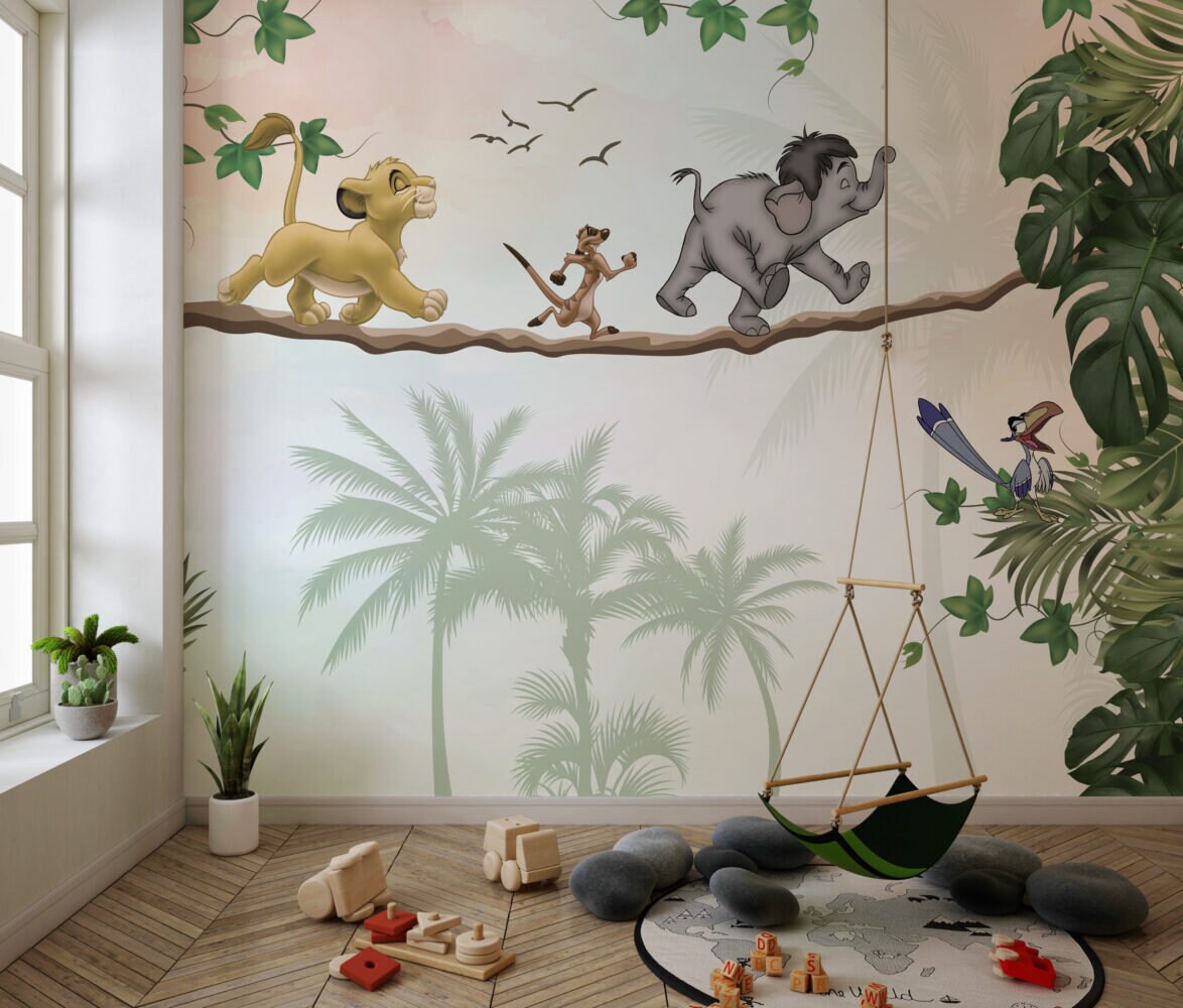 Simba and Friends Wallpaper, Peel and Stick Wallpaper, For Kids Mural, Nursery Wallpaper, Cute Cartoon Animals Mural, Lions Themed Wallpaper