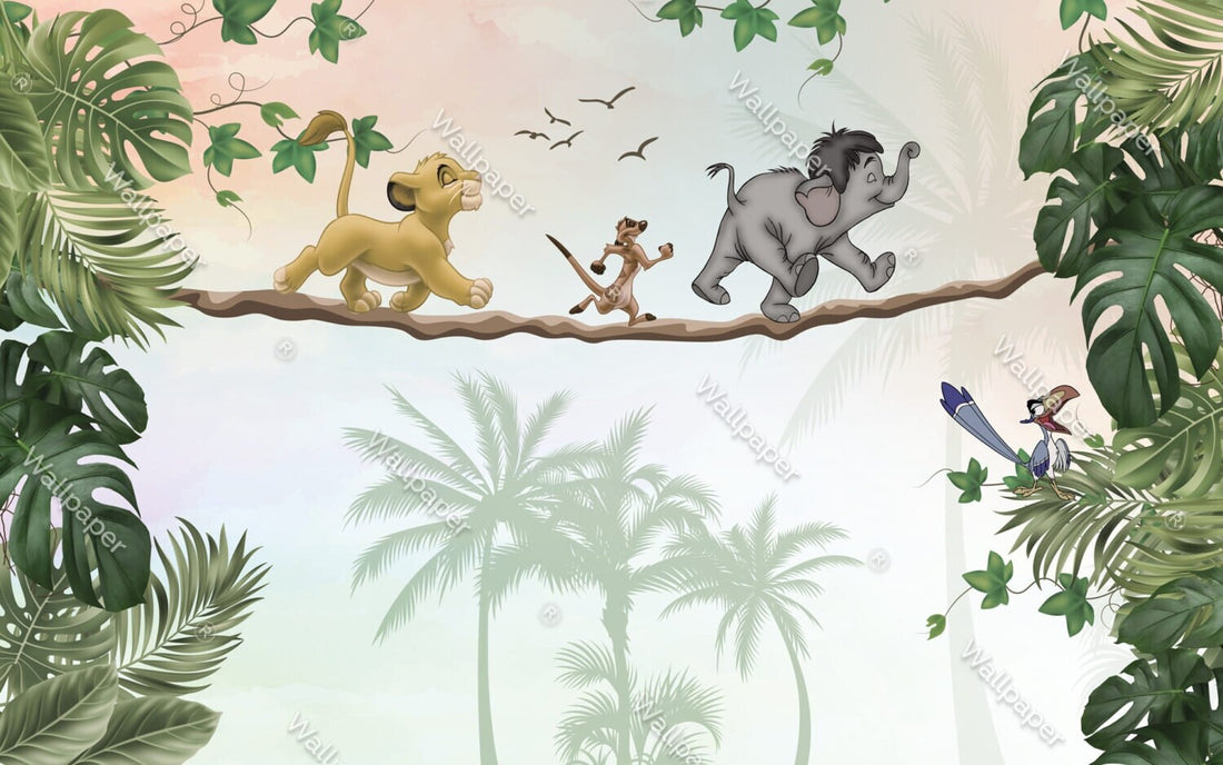 Simba and Friends Wallpaper, Peel and Stick Wallpaper, For Kids Mural, Nursery Wallpaper, Cute Cartoon Animals Mural, Lions Themed Wallpaper