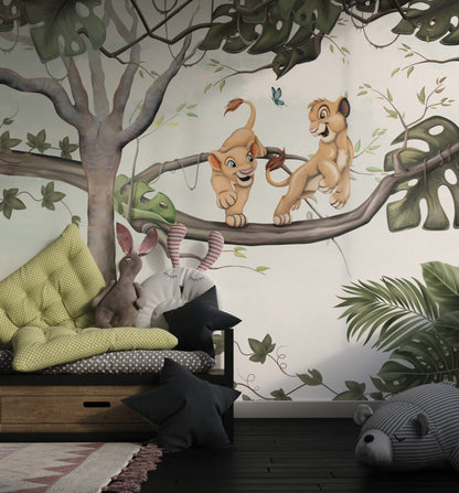 Simba and Nala Wallpaper, Peel and Stick Mural, Cute Lions Wallpaper, Nursery Wallpaper, Cute Cartoon Animals Mural, Lion King Wall Decor