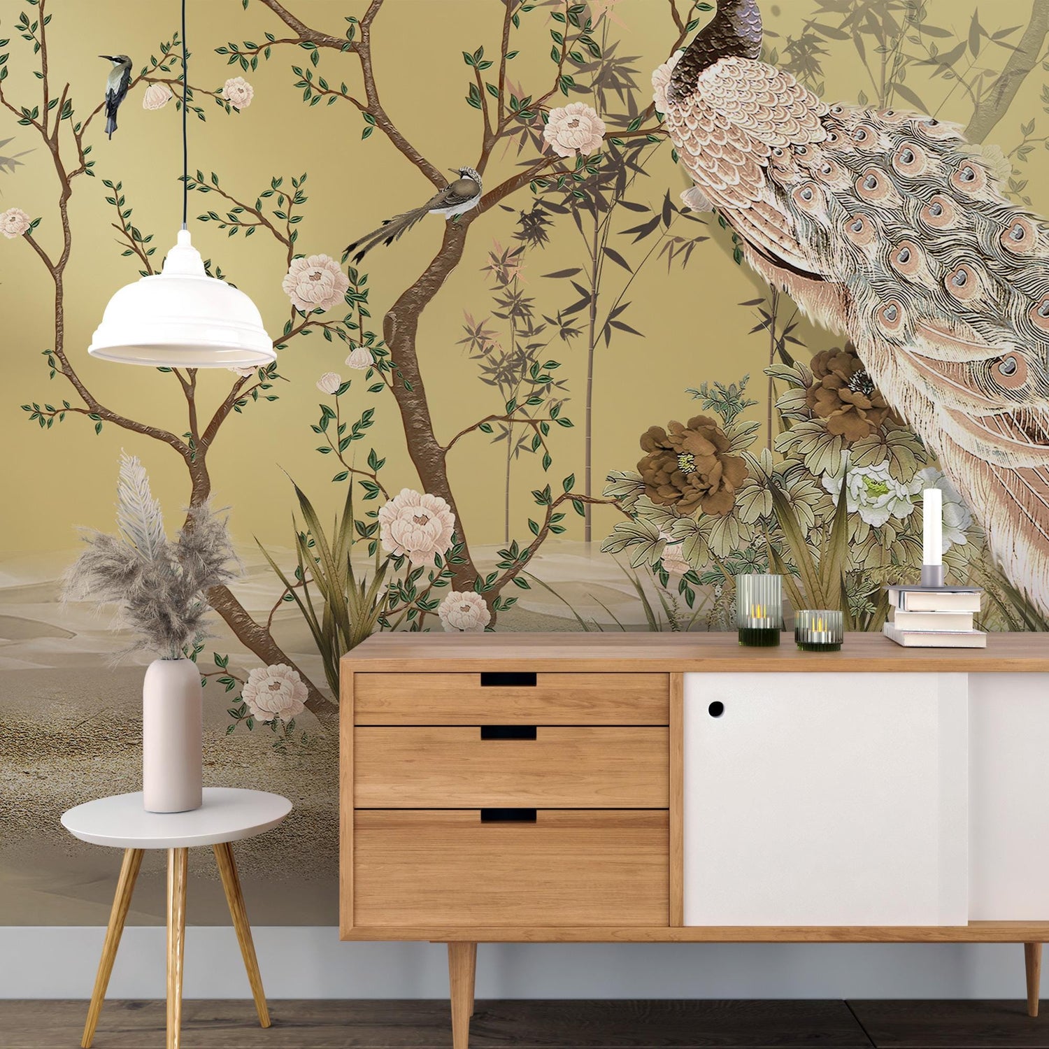 Chinoiserie Wallpaper, Blush and Gold Oriental wall Paper, Peel and Stick, Bird and Flowers Wallpaper, Asian Wall Mural, Papier Peint