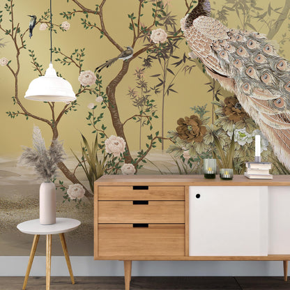 Chinoiserie Wallpaper, Blush and Gold Oriental wall Paper, Peel and Stick, Bird and Flowers Wallpaper, Asian Wall Mural, Papier Peint