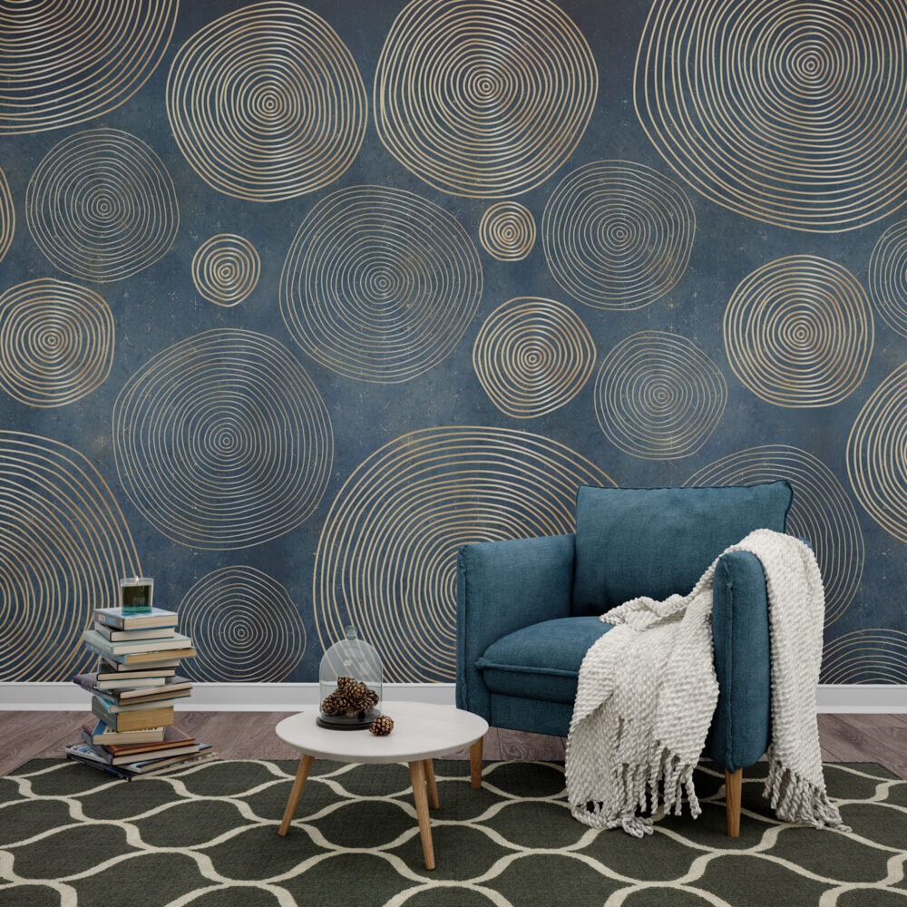 Round Pattern on Blue Background Wallpaper, Peel and Stick Wallpaper, Wall Decor Mural, Home Decor, Round Pattern on Blue Background Mural