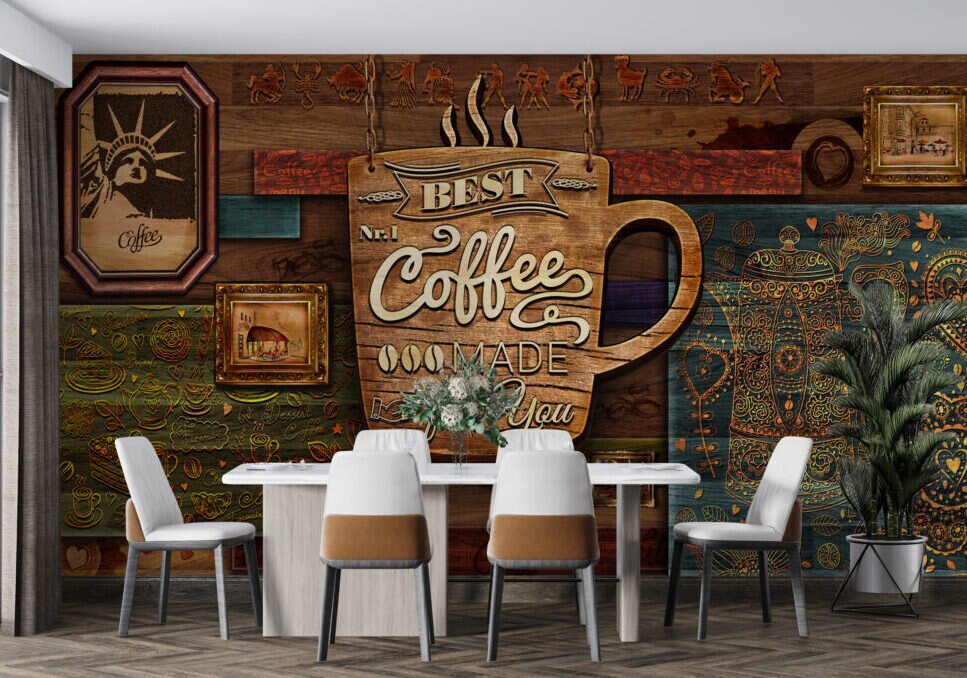 Coffee Mug Wallpaper, Peel and Stick Wallpaper, Coffee Wall Decor Mural, Cafe Shop WallPaper,  Designs Restauraunt Wall Decor Mural