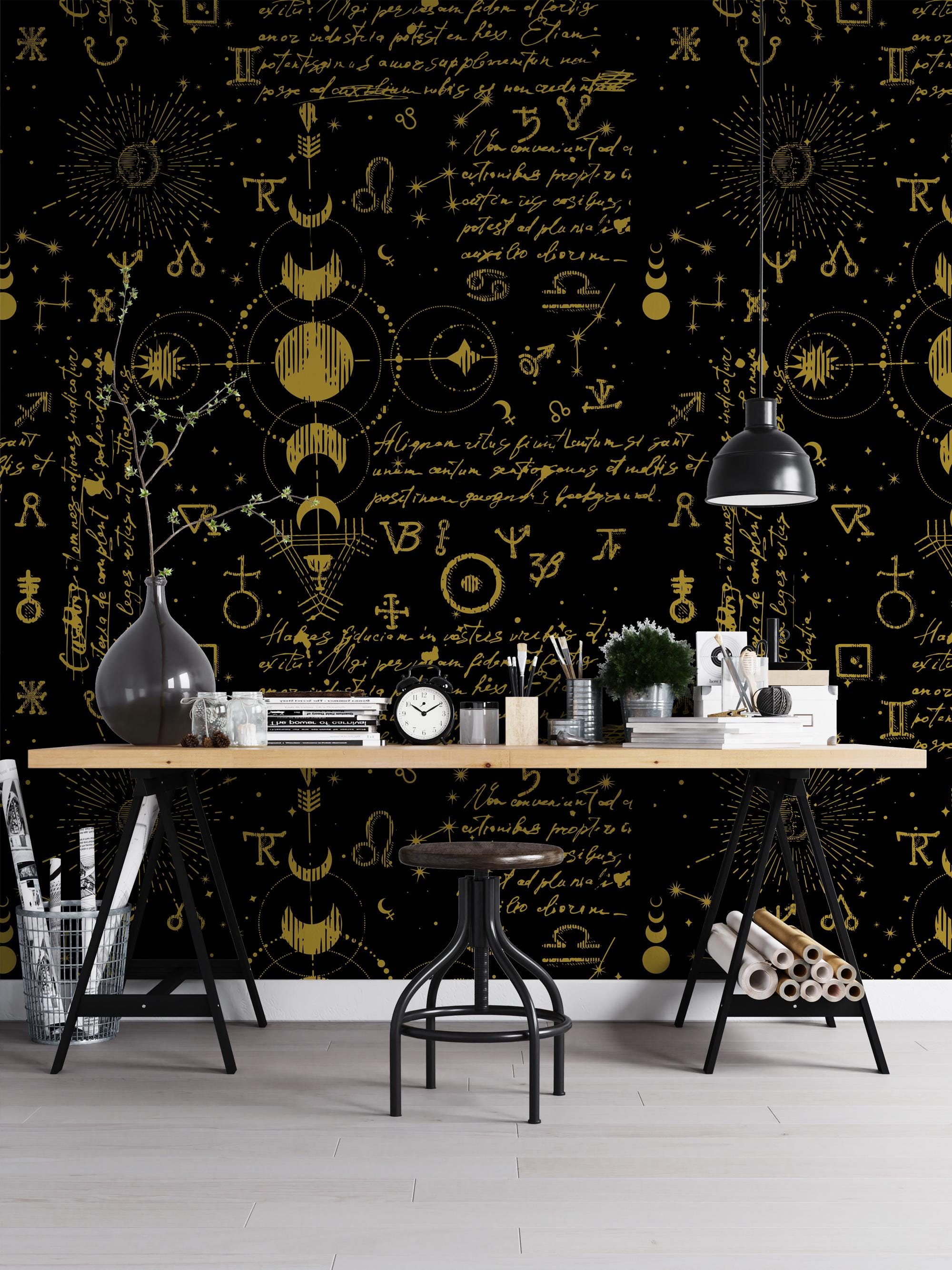 Occult Background Wallpaper, Peel and Stick Wallpaper, Seamless Pattern Wall Mural, Dark Astrology Wallpaper Moon And Sun, Home Decor