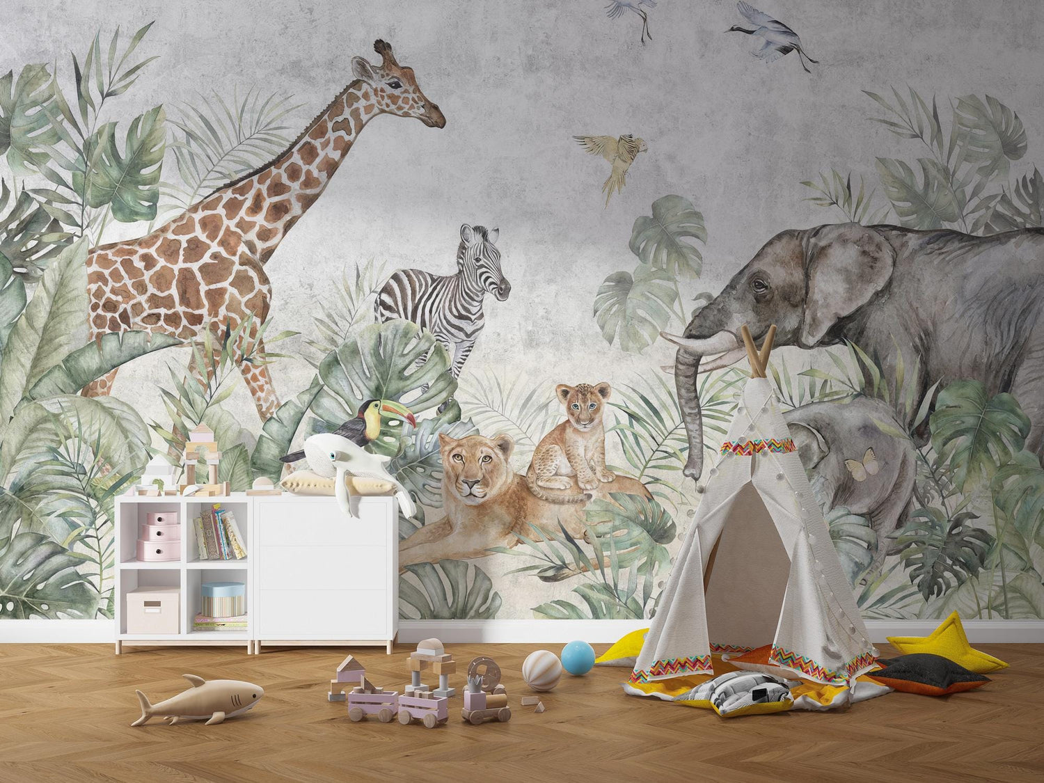 Wild Safari Kids Room Wallpaper, Peel and Stick Jungle Animals Nursery Baby Removable Wallpaper, Giraffe Wall Mural, Nursery Decor