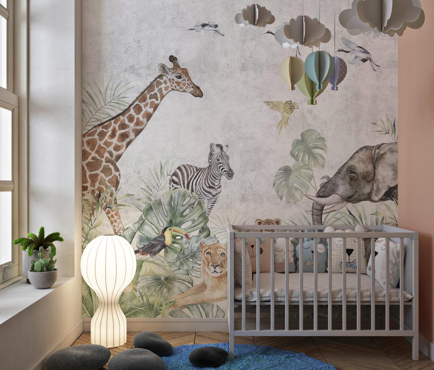 Wild Safari Kids Room Wallpaper, Peel and Stick Jungle Animals Nursery Baby Removable Wallpaper, Giraffe Wall Mural, Nursery Decor