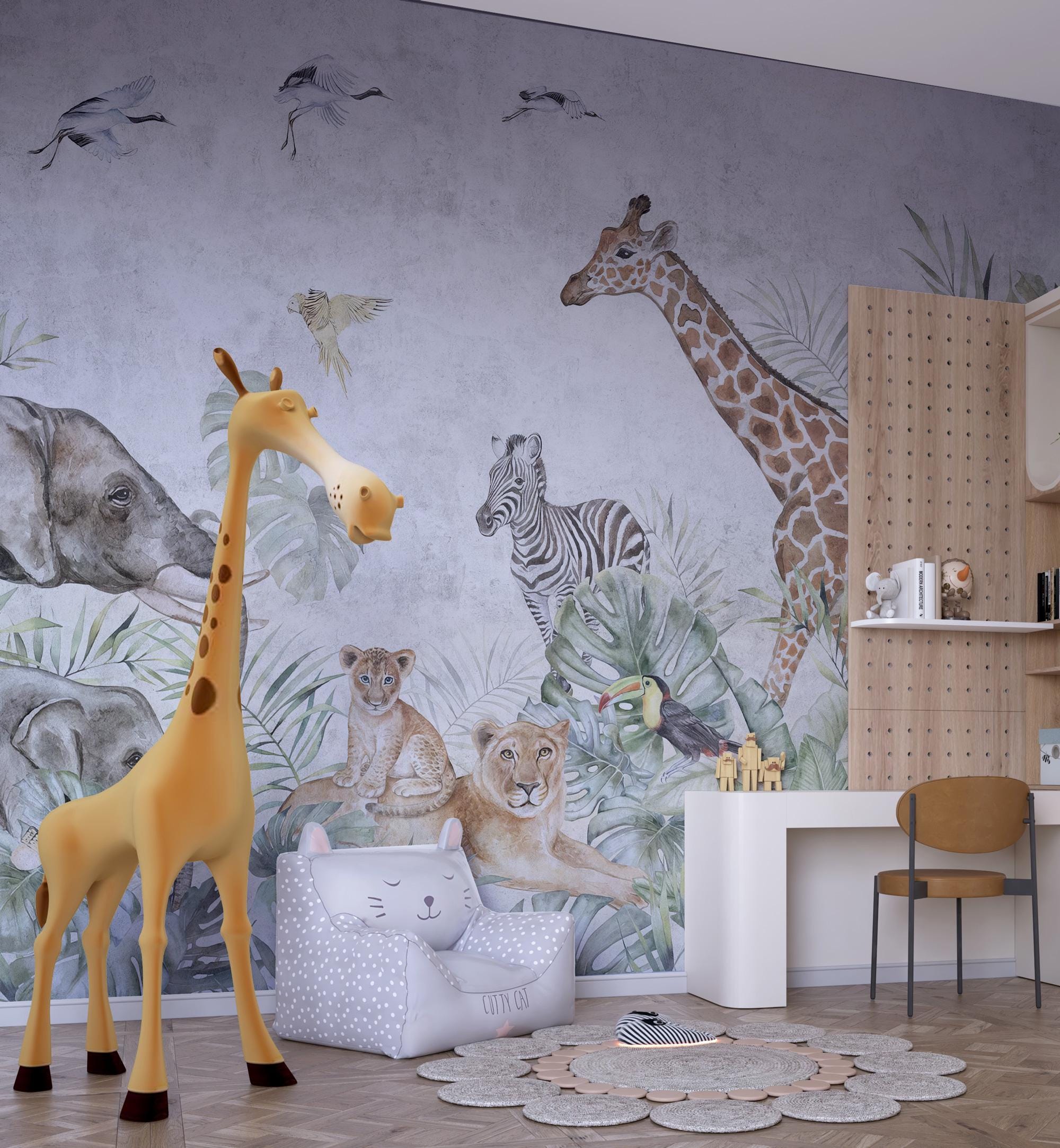 Wild Safari Kids Room Wallpaper, Peel and Stick Jungle Animals Nursery Baby Removable Wallpaper, Giraffe Wall Mural, Nursery Decor