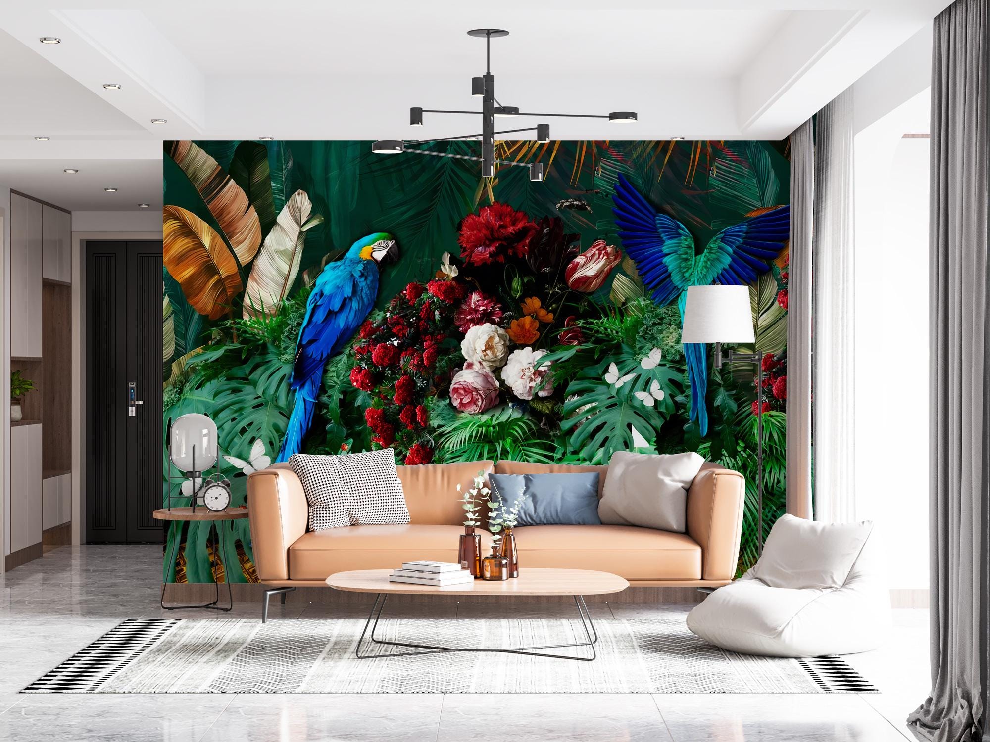 Tropical Parrot Wallpaper, Bird Flower Wallpaper, Peel and Stick Wallpaper, Family Living Room Bedroom, Customized Tropical Mural