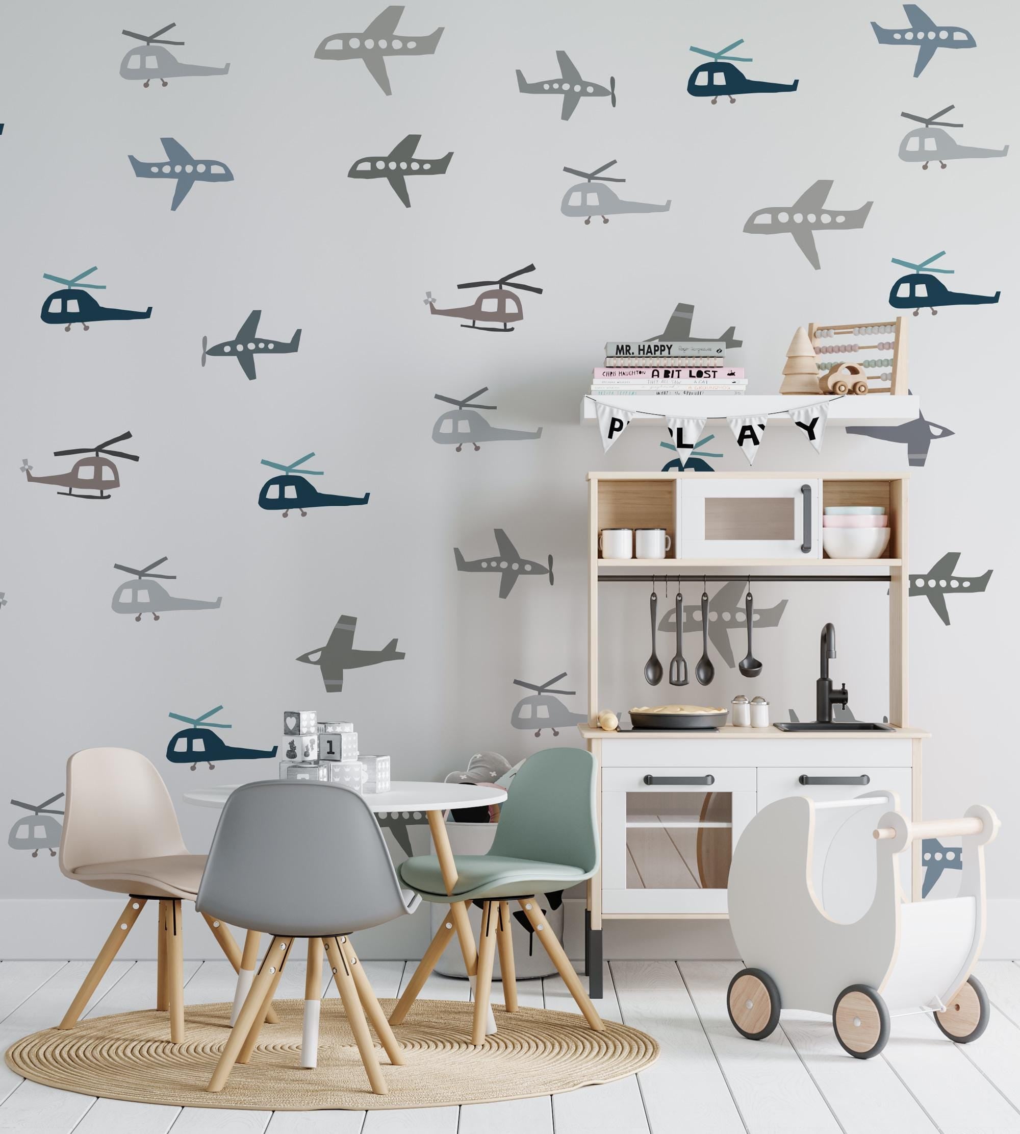 Airplane Wall Decals, Kids Wall Stickers Old Style Retro Helicopter Declas, Nursery Room Decor, Playroom Wall Decal, Removable Sticker