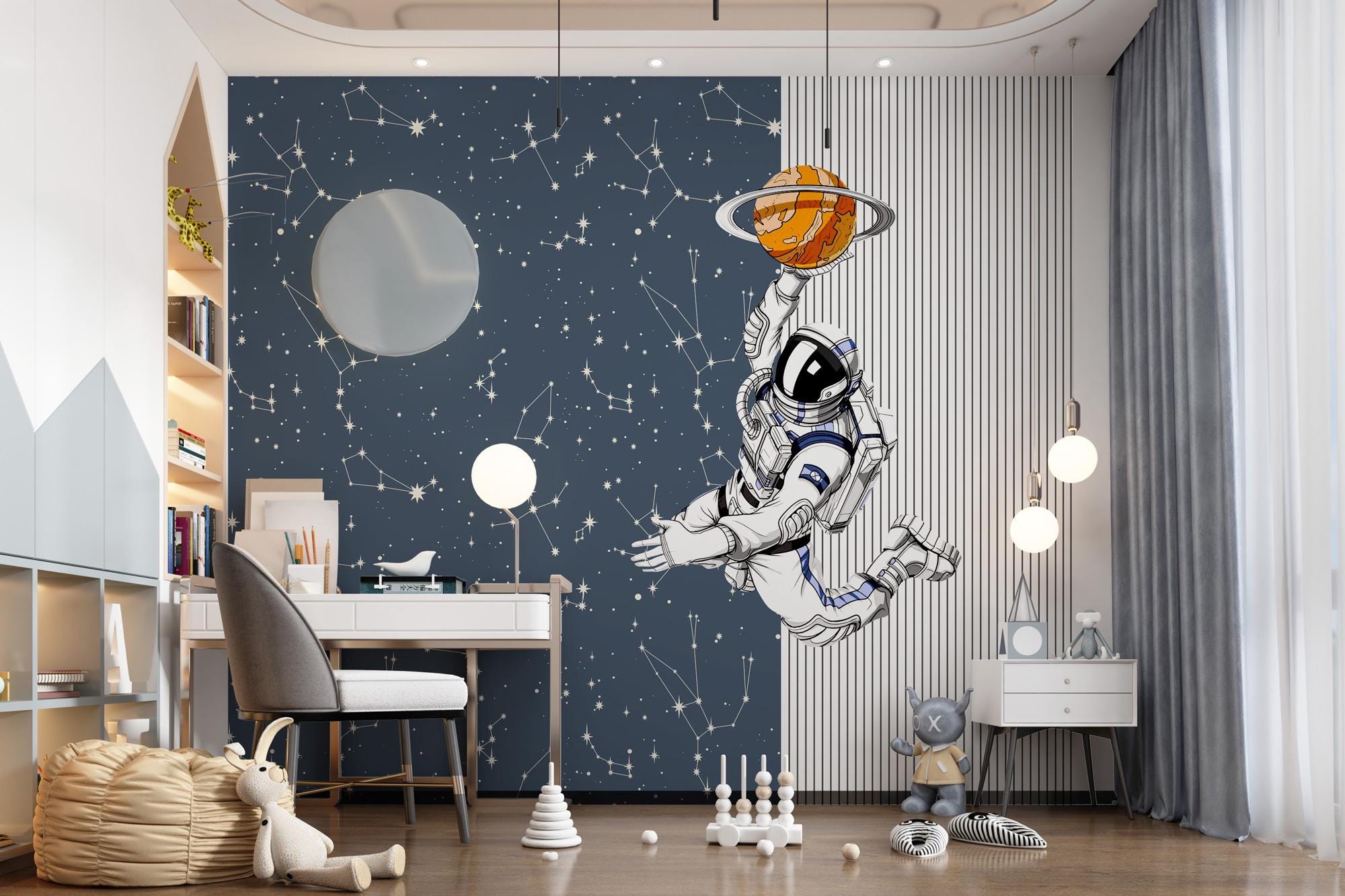 Astronaut And Basketball Wallpaper, Peel and Stick Space Wallpaper, Kid Boy Room Decor, Planets Wallpaper, Nursey Wall Decor Kids Wall Mural