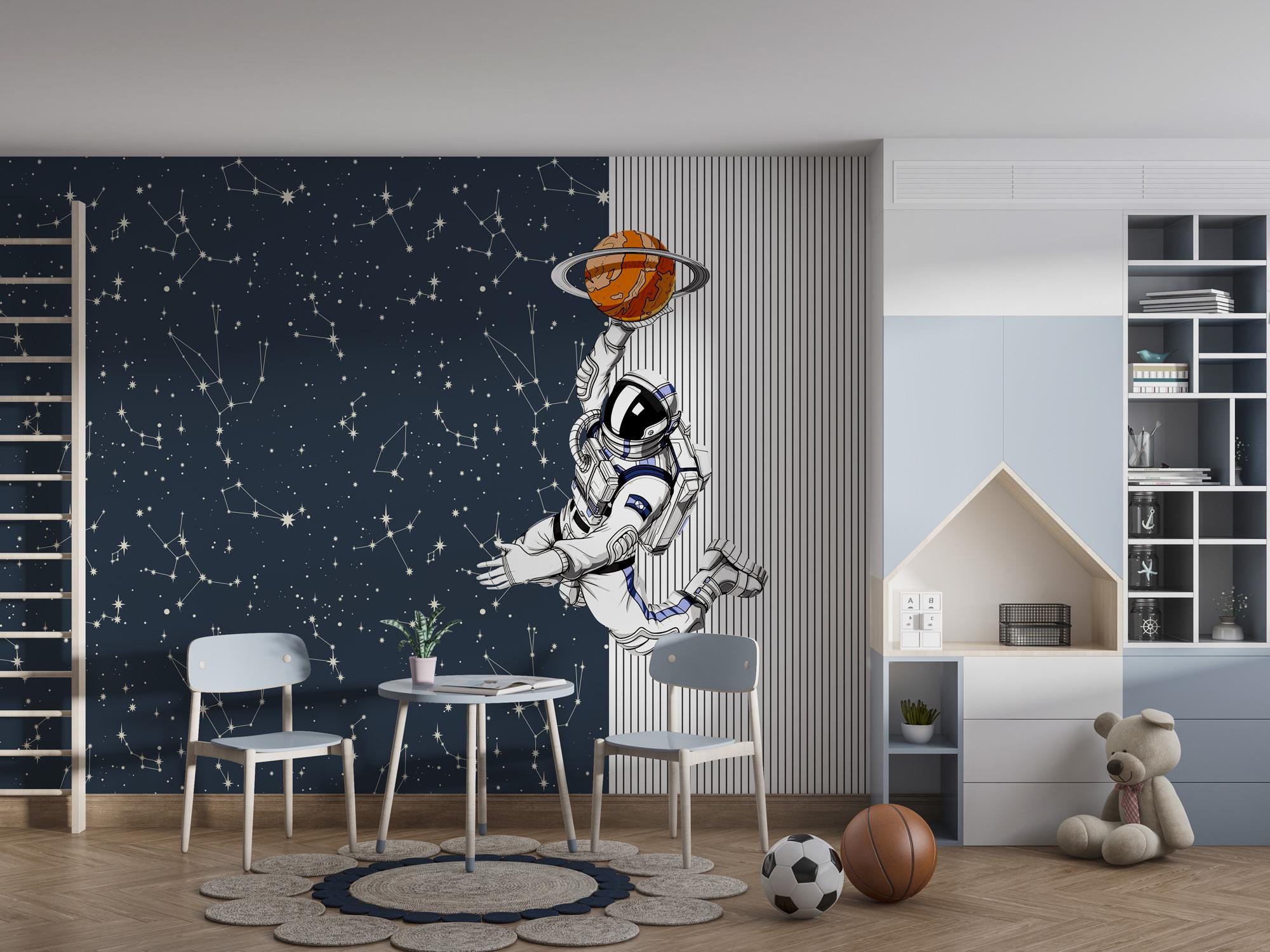 Astronaut And Basketball Wallpaper, Peel and Stick Space Wallpaper, Kid Boy Room Decor, Planets Wallpaper, Nursey Wall Decor Kids Wall Mural