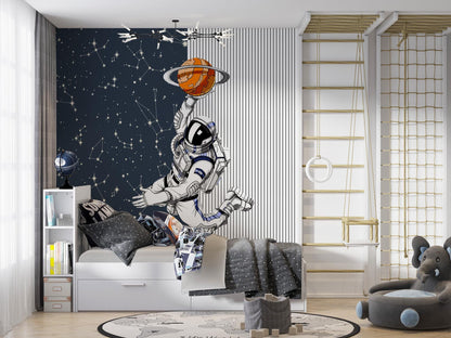 Astronaut And Basketball Wallpaper, Peel and Stick Space Wallpaper, Kid Boy Room Decor, Planets Wallpaper, Nursey Wall Decor Kids Wall Mural