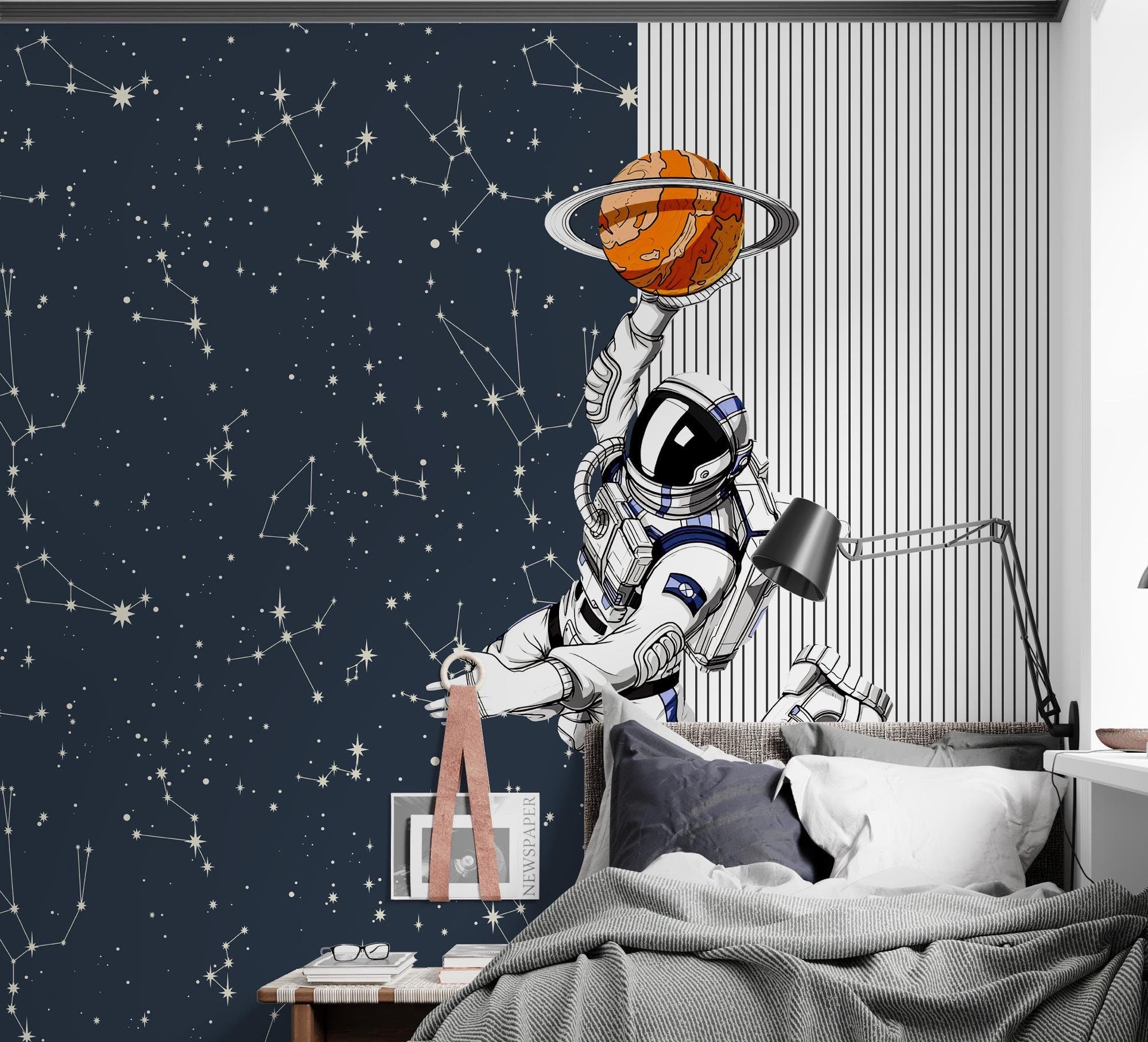 Astronaut And Basketball Wallpaper, Peel and Stick Space Wallpaper, Kid Boy Room Decor, Planets Wallpaper, Nursey Wall Decor Kids Wall Mural